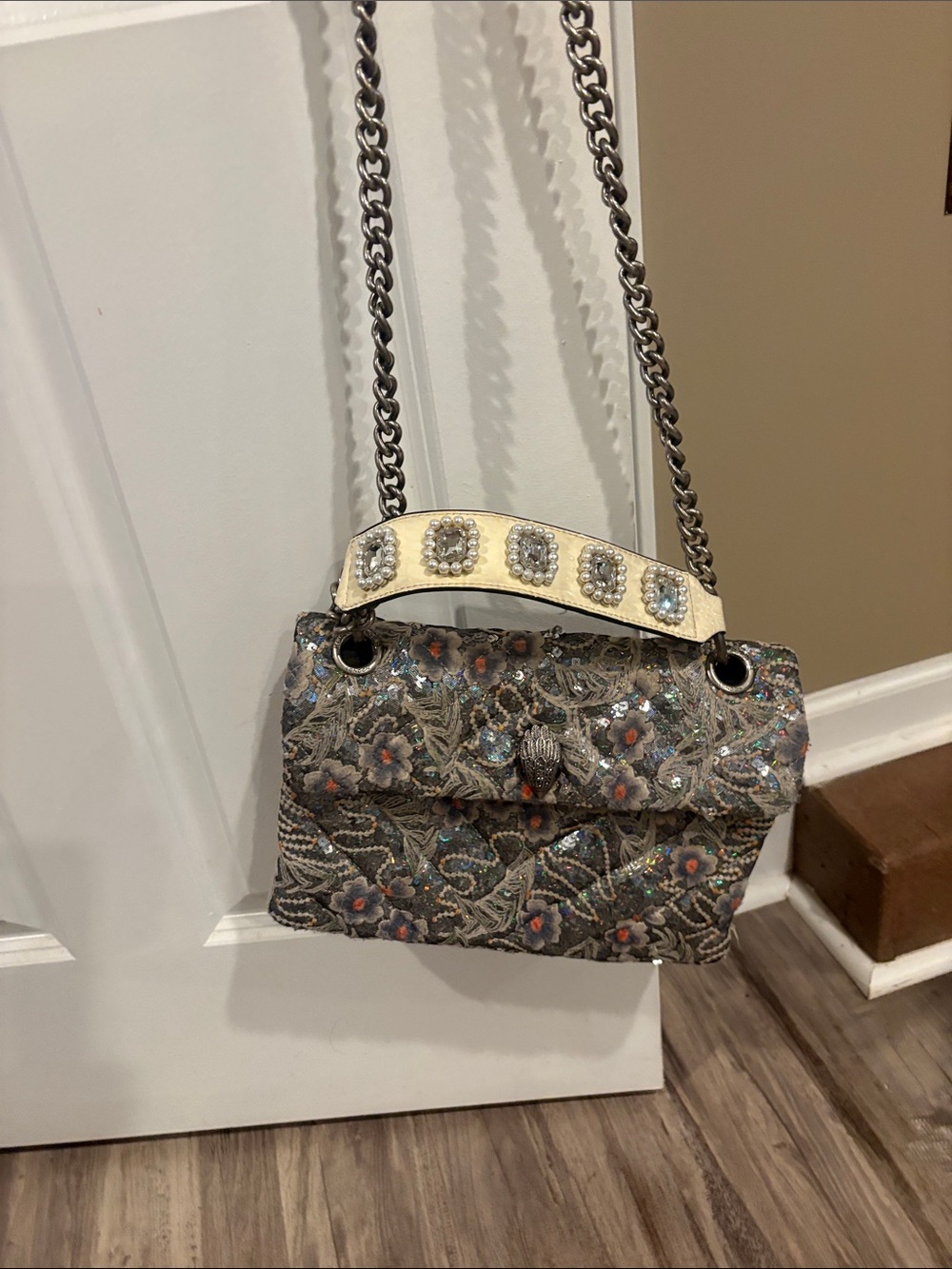 Kurt Geiger Multicolor Beaded Floral Shoulder Bag with Cream Top Handle